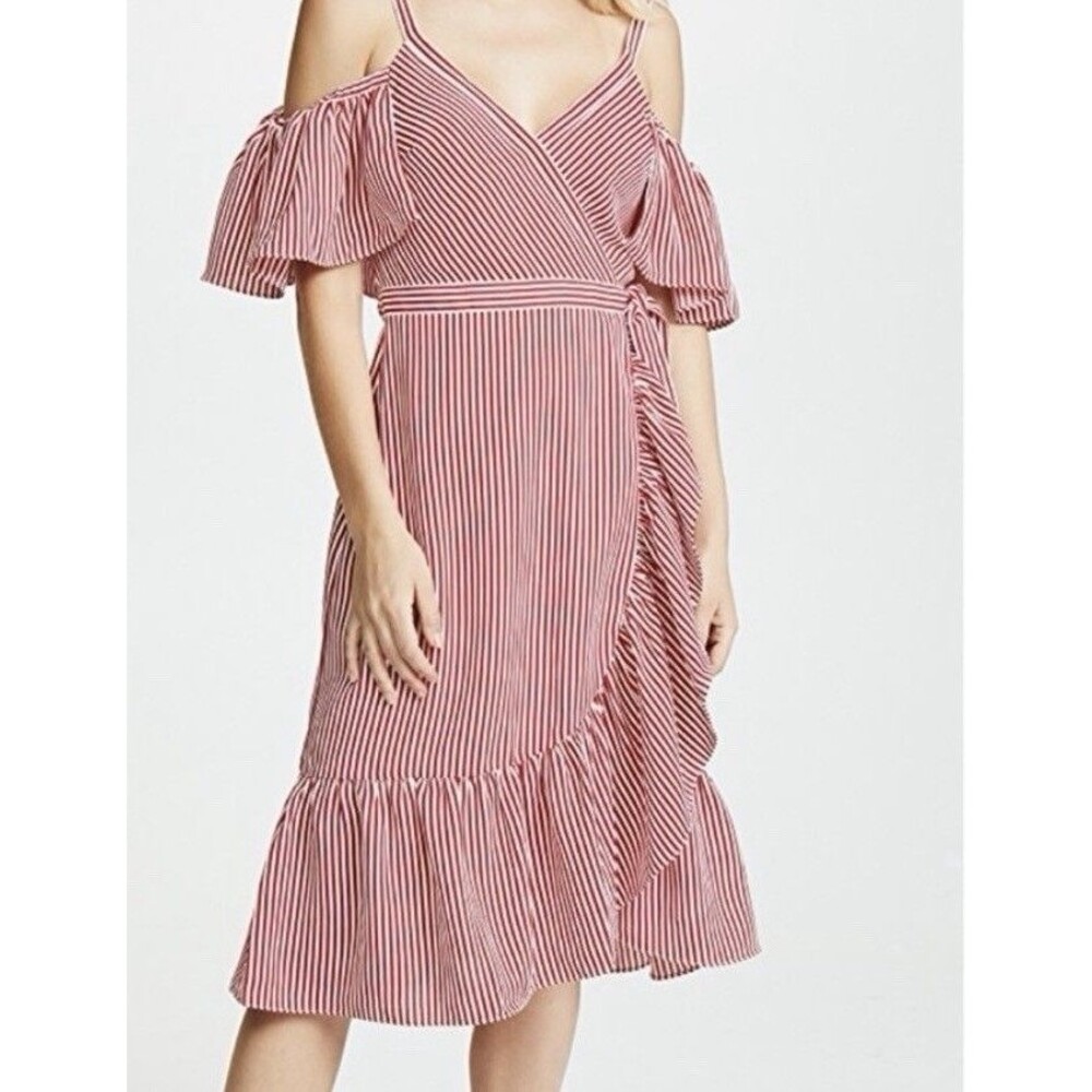 Club Monaco Daphins Red and White Ruffle Off Shoulder Wrap Dress • Size 4